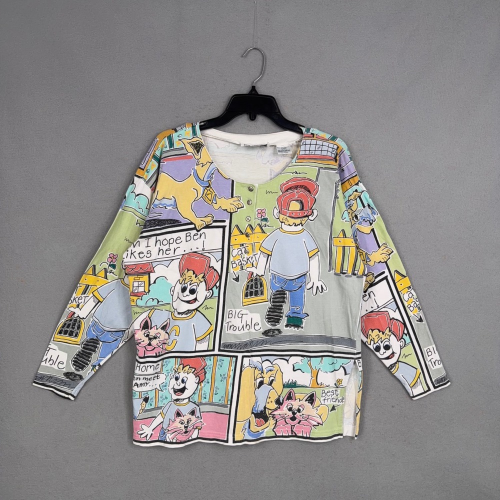 Vintage Together! Shirt Womens Medium All Over Print Comic Strip Graphic Pop Art